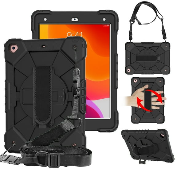 Dteck Case for iPad 9th Generation 10.2-inch,iPad 8th/7th Gen 10.2" Shockproof Rubber Armor 3-Layer Protection Case Hybrid Kickstand Cover with Adjustable Shoulder/Hand Strap,Black