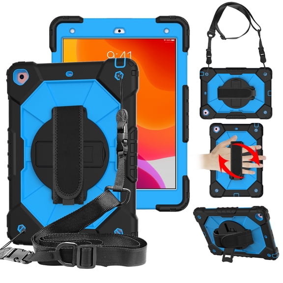 Dteck Case for iPad 9th Generation 10.2-inch,iPad 8th/7th Gen 10.2" Shockproof Rubber Armor 3-Layer Protection Case Hybrid Kickstand Cover with Adjustable Shoulder/Hand Strap,Blue+Black