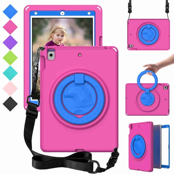 Dteck Case for iPad 9th Generation, iPad 8th/ 7th Generation Case, iPad 10.2-inch Case 2021/ 2020/ 2019, Heavy Duty Case for Kids with Screen Protector Stand Hand & Shoulder Strap,Rose