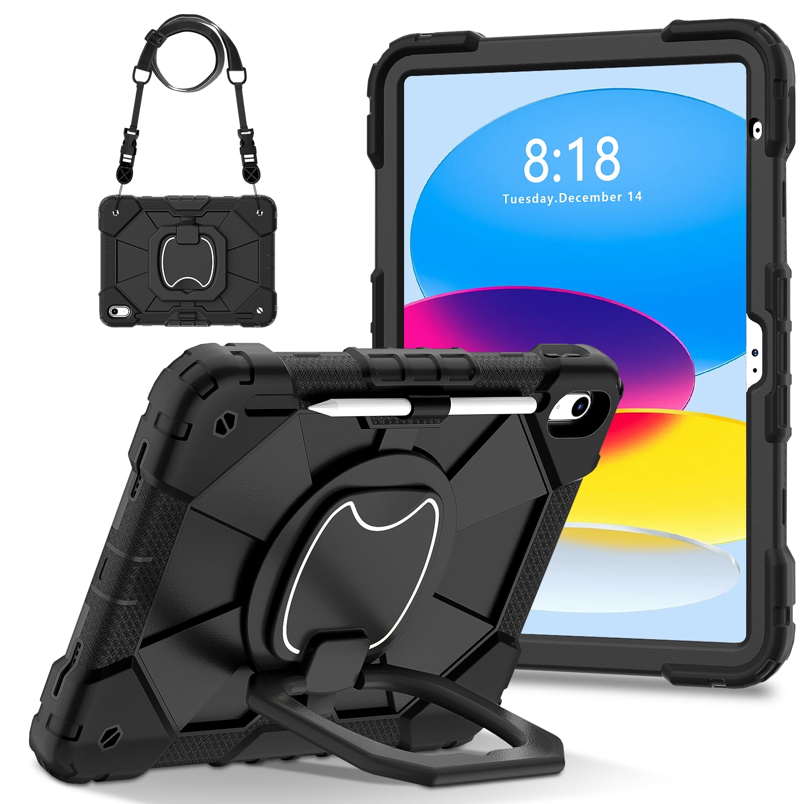 Dteck Case for iPad (A16) 11th/10th Generation 10.9 inch 2025/2022,Rotating Stand & Pencil Holder & Hand Grip & Shoulder Strap Shockproof iPad 11th/10th Generation Case (11th/10th Gen),Black