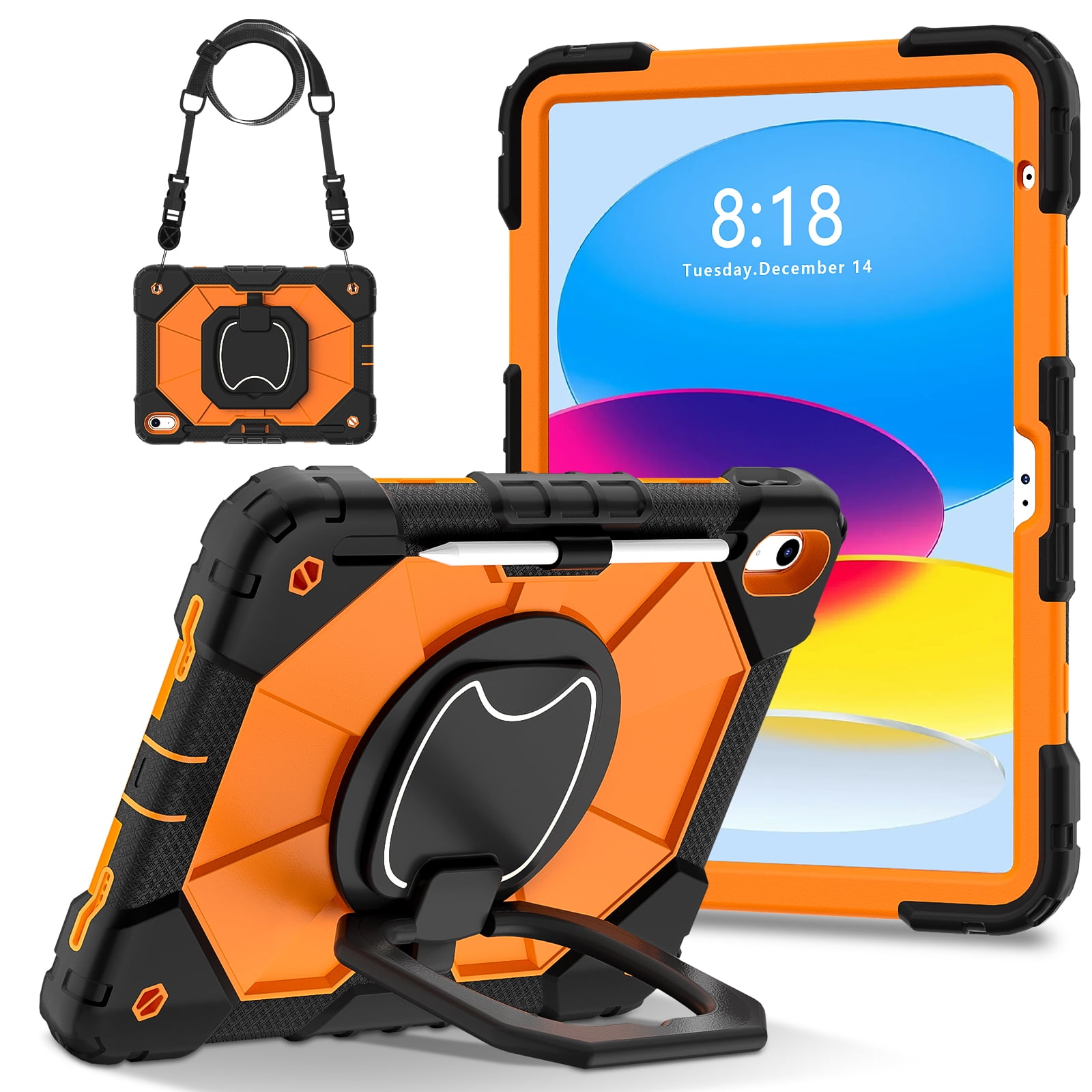 Dteck Case for iPad (A16) 11th/10th Generation 10.9 inch 2025/2022,Rotating Stand & Pencil Holder & Hand Grip & Shoulder Strap Shockproof iPad 11th/10th Generation Case (11th/10th Gen),Black + Orange