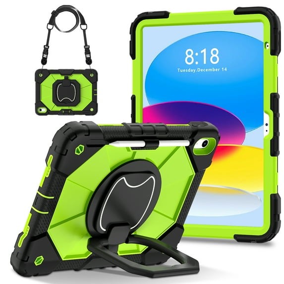 Dteck Case for iPad (A16) 11th/10th Generation 10.9 inch 2025/2022,Rotating Stand & Pencil Holder & Hand Grip & Shoulder Strap Shockproof iPad 11th/10th Generation Case (11th/10th Gen),Black+Green