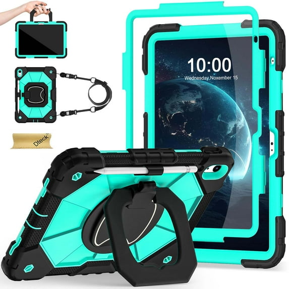 Dteck Case for iPad (A16) 11th Gen 2025/ iPad 10th Gen 10.9" 2022 with Built-in Screen Protector, Military Grade Shockproof iPad Case with Rotating Stand Shoulder Strap Pencil Holder,Black Mint