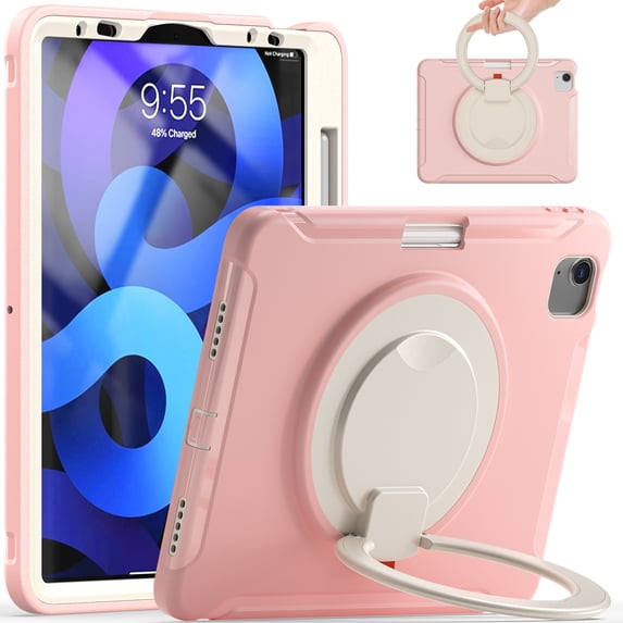 Dteck Case for iPad Air 11 Inch (2024), Military Grade Protective Cover for iPad Pro 11 Inch (2022-2018) / iPad Air 5th & 4th Gen 10.9 Inch with Pencil Holder Rotating Handle Grip Stand,Pink