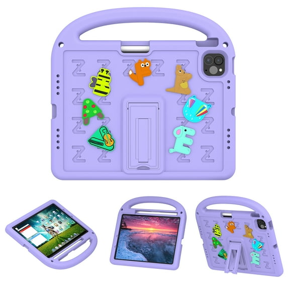 Dteck Case for iPad Air 11 Inch 2024, iPad Pro 11 Inch 2024 Case for Kids, Lightweight EVA Shockproof Handle Kids Case with Kickstand Cute DIY Accessories,Purple (Cartoon Letters)