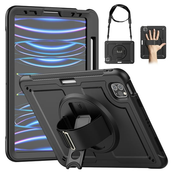 Dteck Case for iPad Air 11 Inch Case M2 2024, Heavy Duty Shockproof Protective Case with 360° Rotating Stand, Hand/Shoulder Strap and Pen Holder,Black