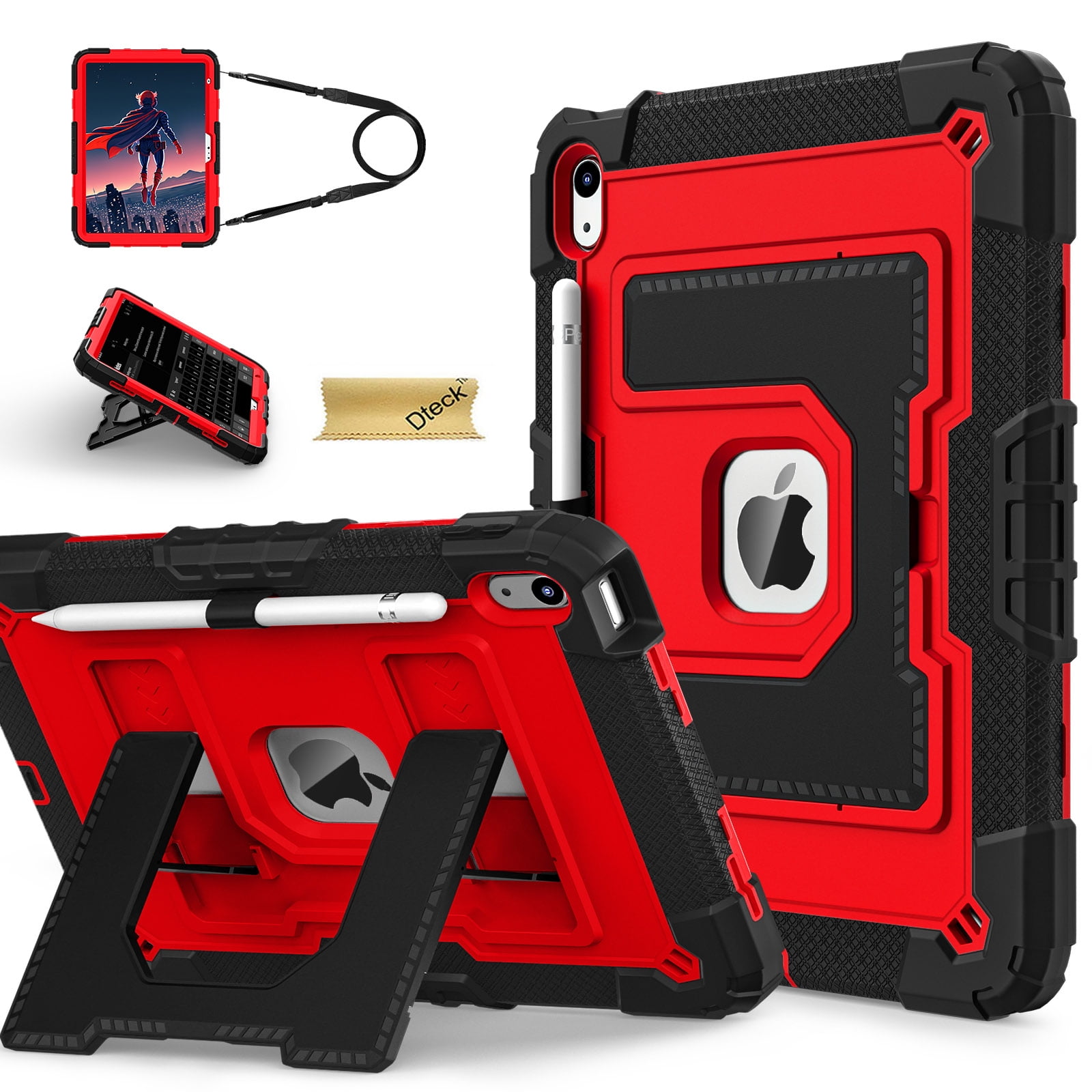 Dteck Case for iPad Air 11 Inch (M3/M2, 2025/2024)/ iPad Air 5 (2022) / iPad Air 4 (2020), Heavy Duty Sturdy Stand Case with Pencil Holder, Shoulder Strap,Black Red