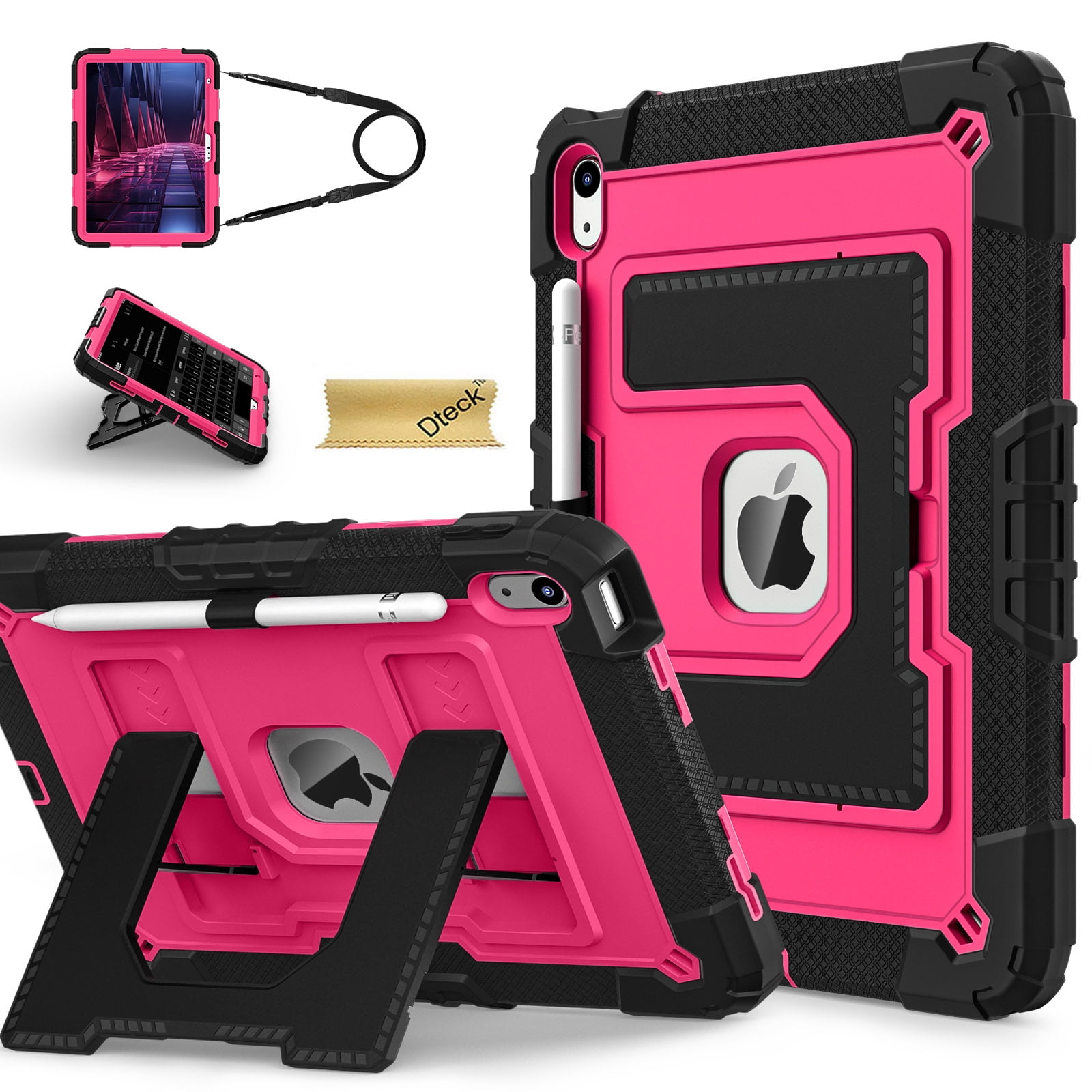 Dteck Case for iPad Air 11 Inch (M3/M2, 2025/2024)/ iPad Air 5 (2022) / iPad Air 4 (2020), Heavy Duty Sturdy Stand Case with Pencil Holder, Shoulder Strap,Black Rose