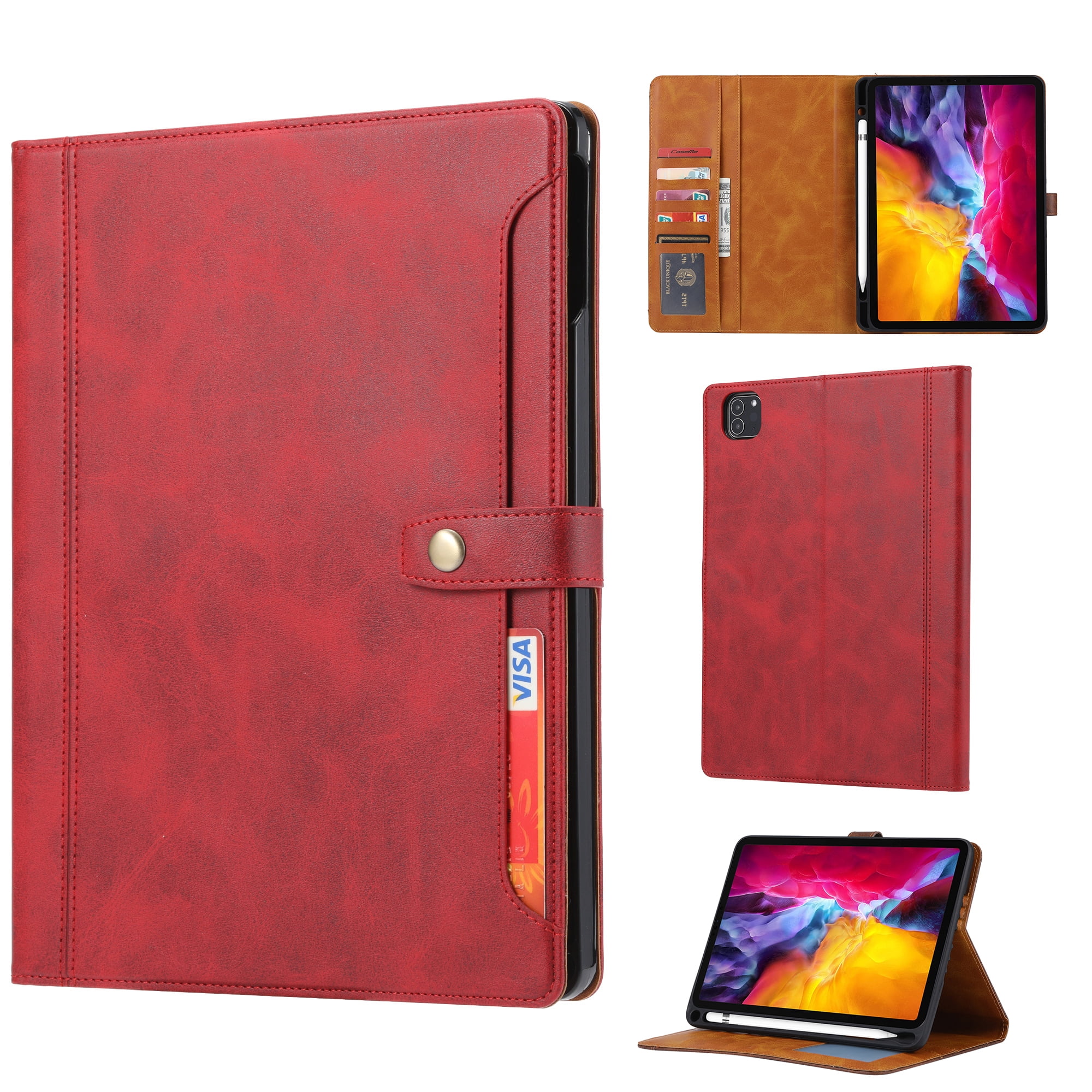 Dteck Case for iPad Air 11 inch 2024/iPad Pro 11" 2022/2021/2020/2018,iPad Air 5th 4th Gen 10.9" Magnetic Leather Card Pocket Case Shockproof Rubber Built-in Pencil Holder Cover,Red