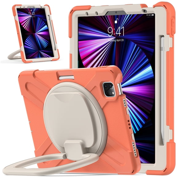 Dteck Case for iPad Air 11 inch 2025/2024/Air 4th/5th Gen/iPad Pro 11" 2020/2021/2020/2018,Heavy Duty Armor Protection Rotatable Kickstand Handle Grip Case Shockproof Rubber Cover,Orange