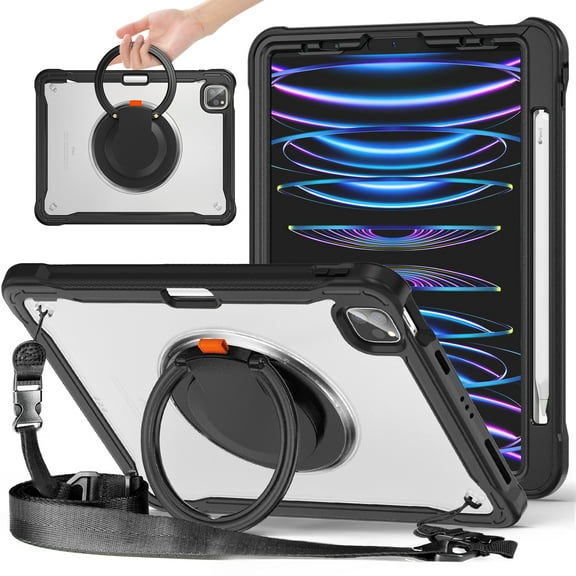 Dteck Case for iPad Air 11 inch 2025/2024/Air 5th/4th Gen,iPad Pro 11" 2022/2021/2020/2018 Military Grade Shockproof TPU Stand Case PC Cover for Kids -Grip Handle/Shoulder Strap/Pencil Holder,Black