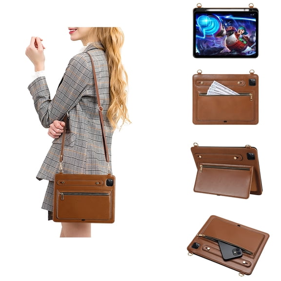 Dteck Case for iPad Air 13 Inch 2025/2024, Case for iPad Pro 12.9 2022 6th/5th/4th/3rd Generation 2021 2020 2018 with Pencil Holder Pocket, Business PU Leather Crossbody Strap Handbag Case,Brown