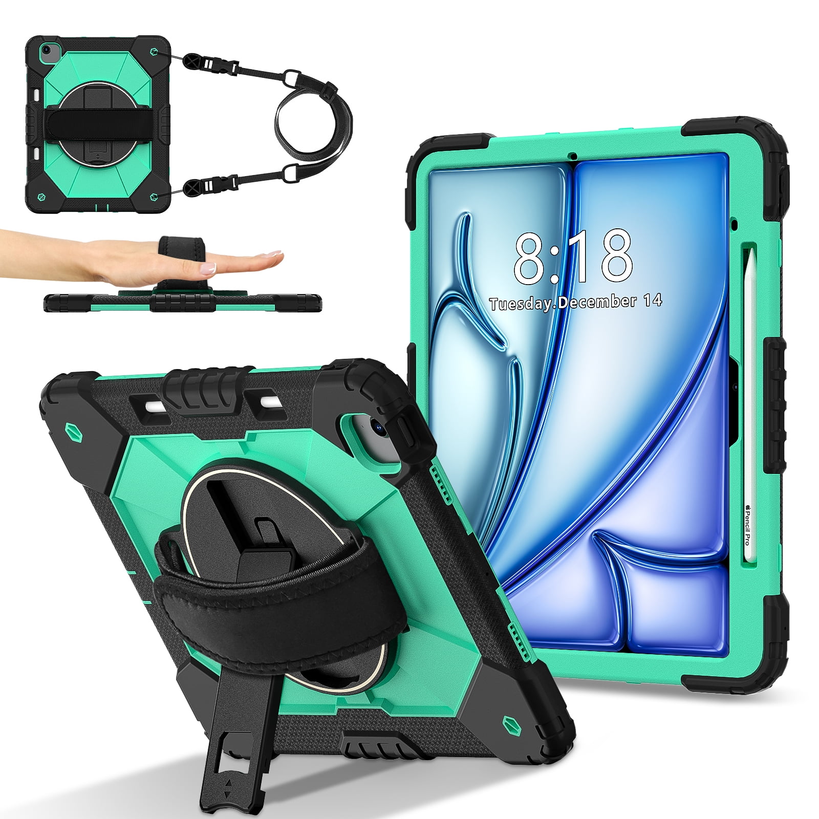 Dteck Case for iPad Air 13 inch 2025/2024 (M3/M2) with Pencil Holder, Shockproof Silicone + PC 3 Layer Protection Case Heavy Duty 360° Rotating Hand Strap Kickstand Cover,Black+Mint