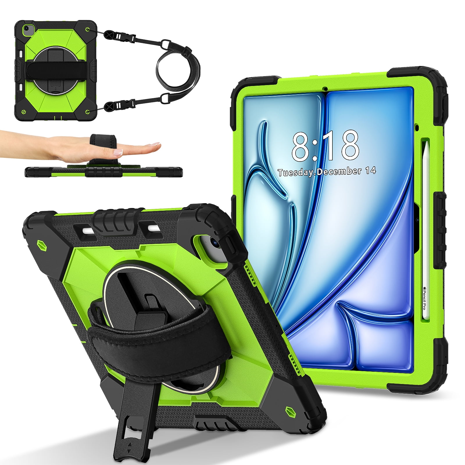 Dteck Case for iPad Air 13 inch 2025/2024 (M3/M2) with Pencil Holder, Shockproof Silicone + PC 3 Layer Protection Case Heavy Duty 360° Rotating Hand Strap Kickstand Cover,Black+Green