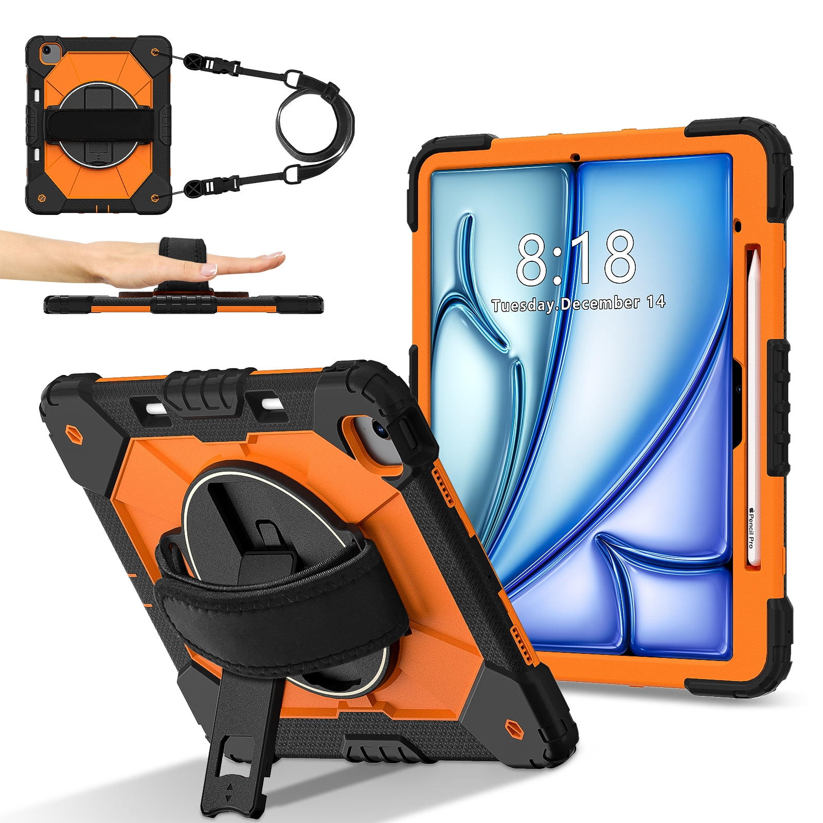 Dteck Case for iPad Air 13 inch 2025/2024 (M3/M2) with Pencil Holder, Shockproof Silicone + PC 3 Layer Protection Case Heavy Duty 360° Rotating Hand Strap Kickstand Cover,Black+Orange