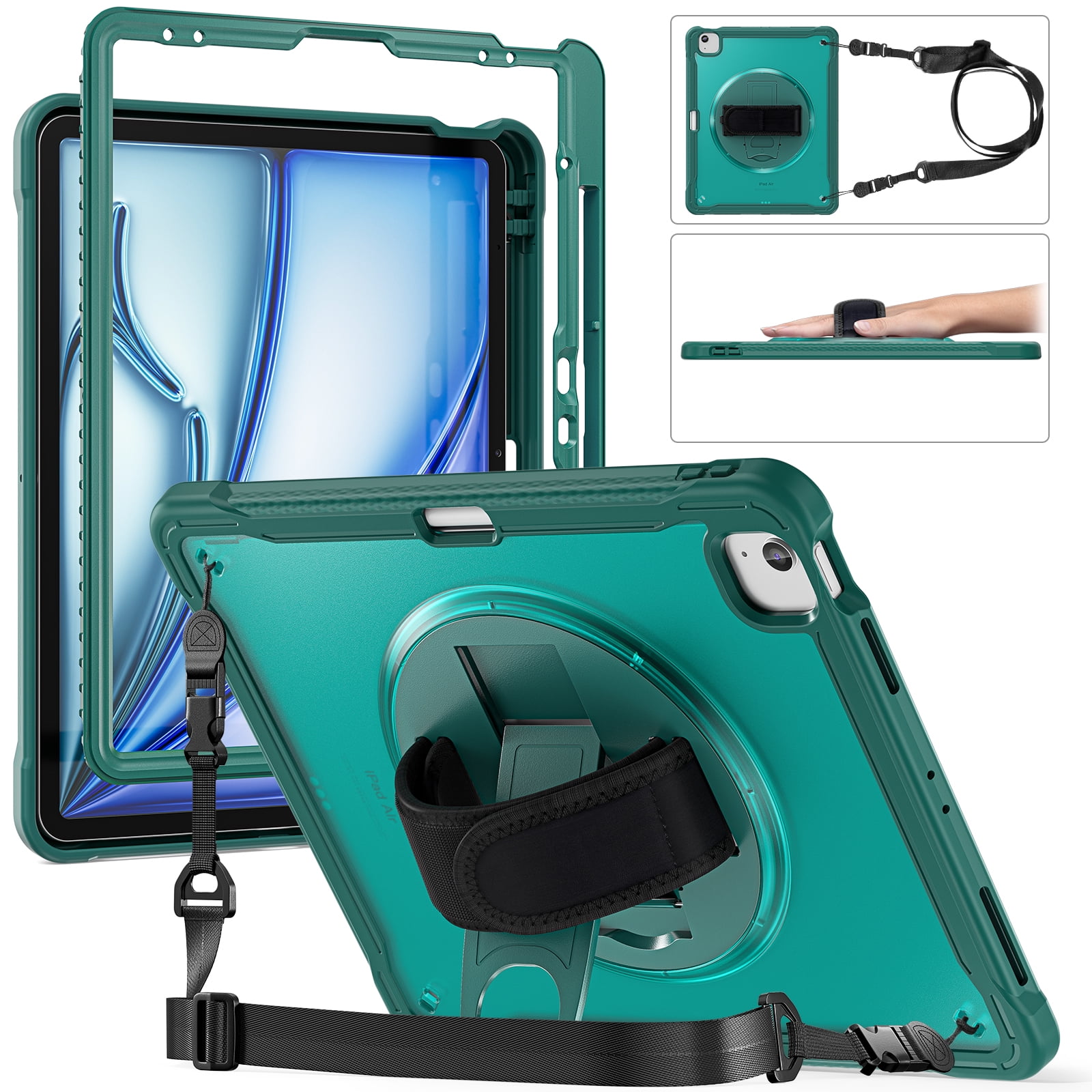 Dteck Case for iPad Air 13 inch 2025/2024,Military Grade Shockproof Silicone Cover 360° Rotatable Stand- Shoulder Strap- Handle- Pencil Holder for iPad Air 13-in. M3/M2,Darkgreen