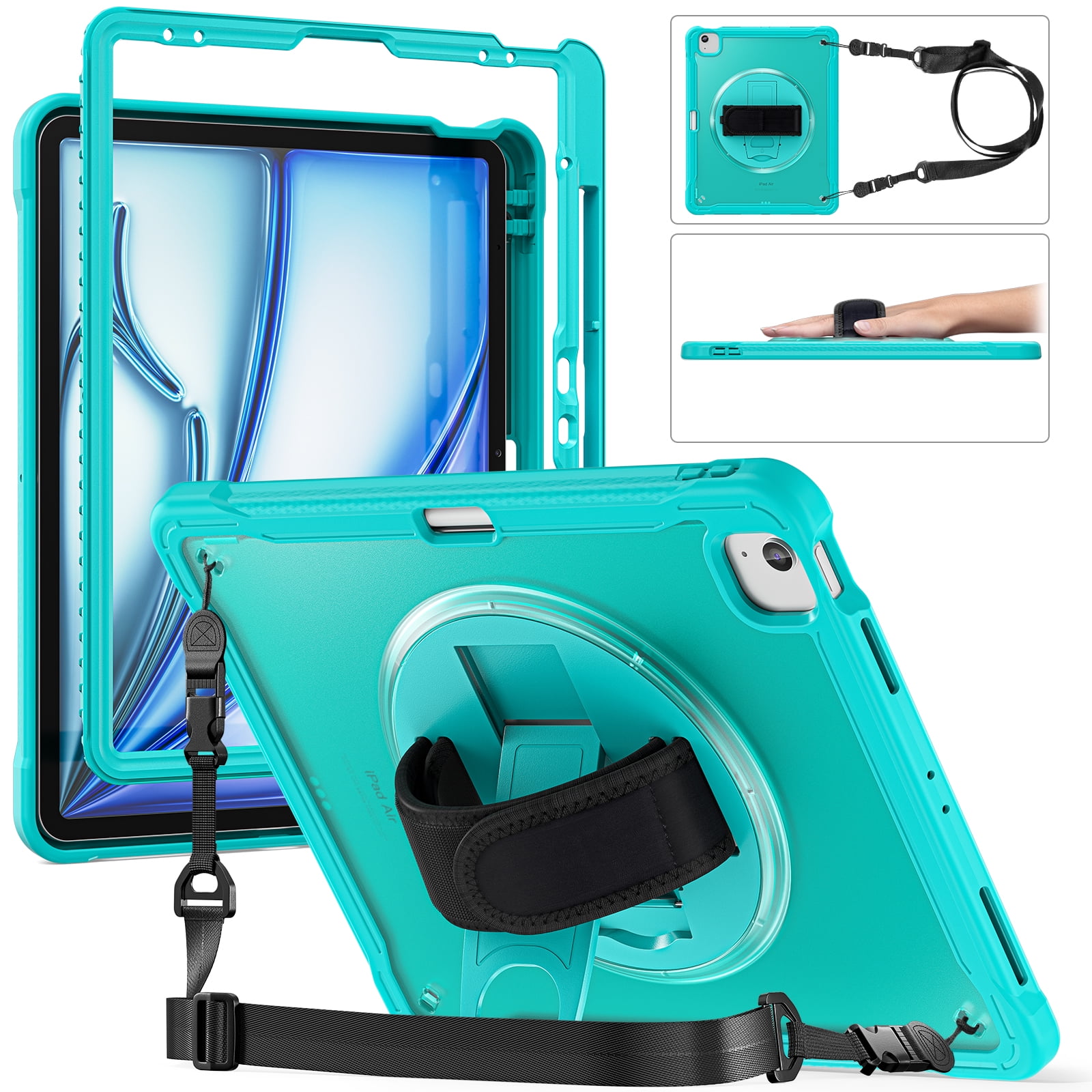 Dteck Case for iPad Air 13 inch 2025/2024,Military Grade Shockproof Silicone Cover 360° Rotatable Stand- Shoulder Strap- Handle- Pencil Holder for iPad Air 13-in. M3/M2,Blue