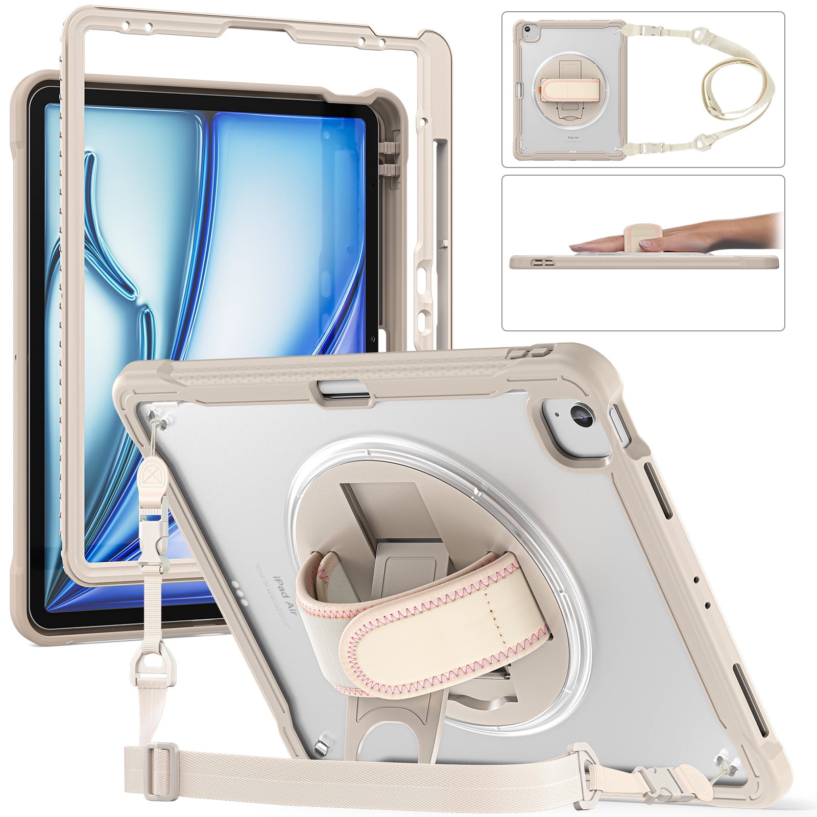 Dteck Case for iPad Air 13 inch 2025/2024,Military Grade Shockproof Silicone Cover 360° Rotatable Stand- Shoulder Strap- Handle- Pencil Holder for iPad Air 13-in. M3/M2,Khaki