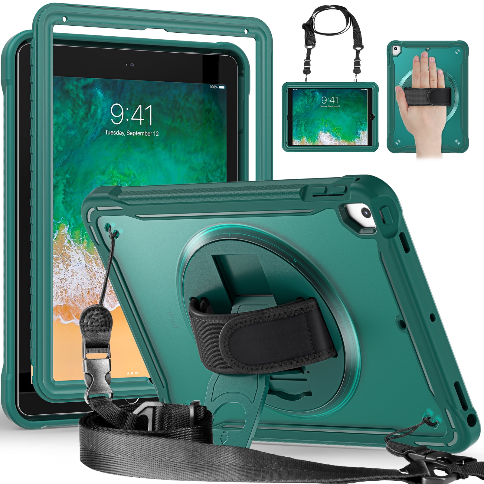 Dteck Case for iPad Air 2/iPad Pro 9.7"/iPad 5th/6th Generation,Military Grade Shockproof Silicone Protective Cover 360° Rotatable Stand- Shoulder Strap- Handle- Pencil Holder,Darkgreen