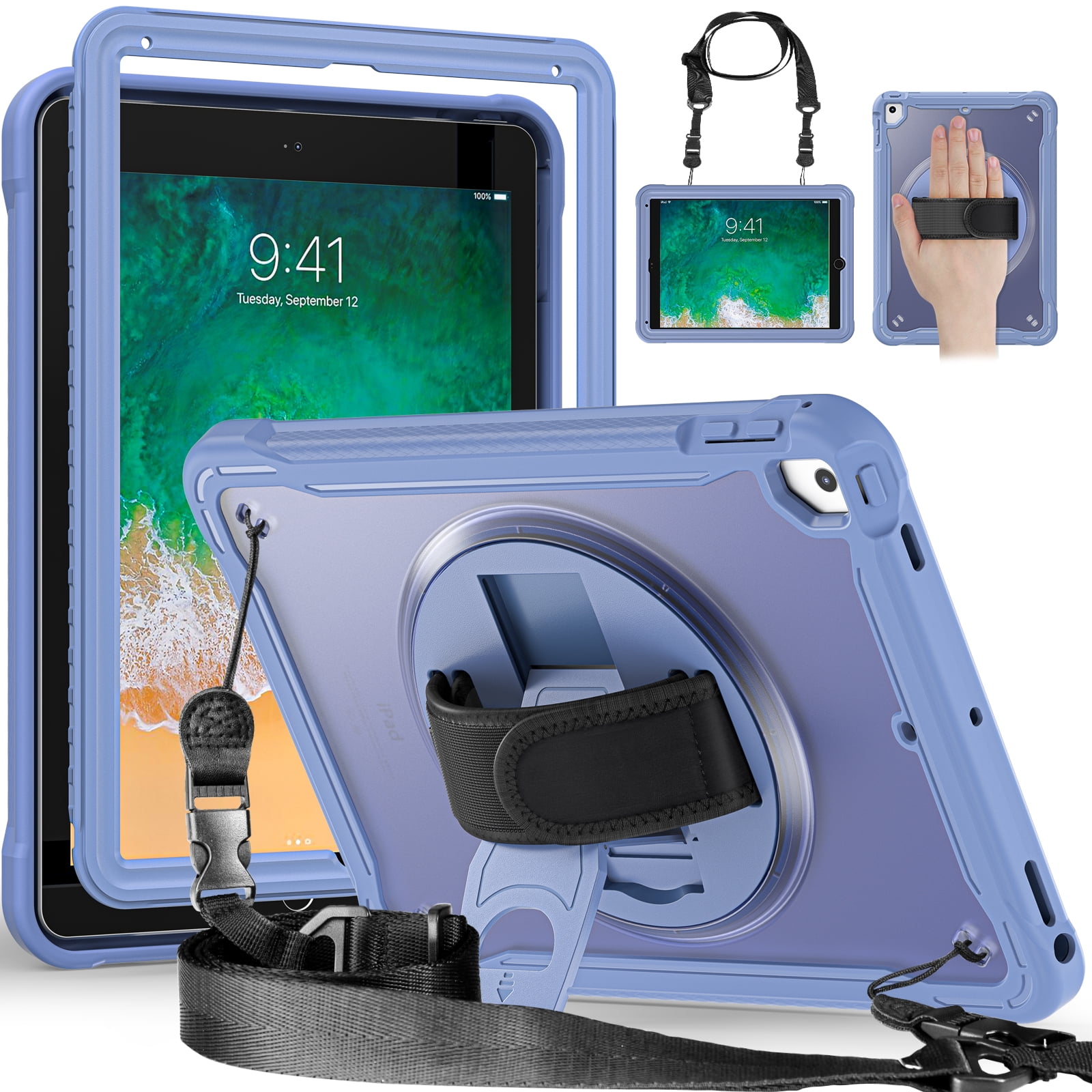 Dteck Case for iPad Air 2/iPad Pro 9.7"/iPad 5th/6th Generation,Military Grade Shockproof Silicone Protective Cover 360° Rotatable Stand- Shoulder Strap- Handle- Pencil Holder,Grey
