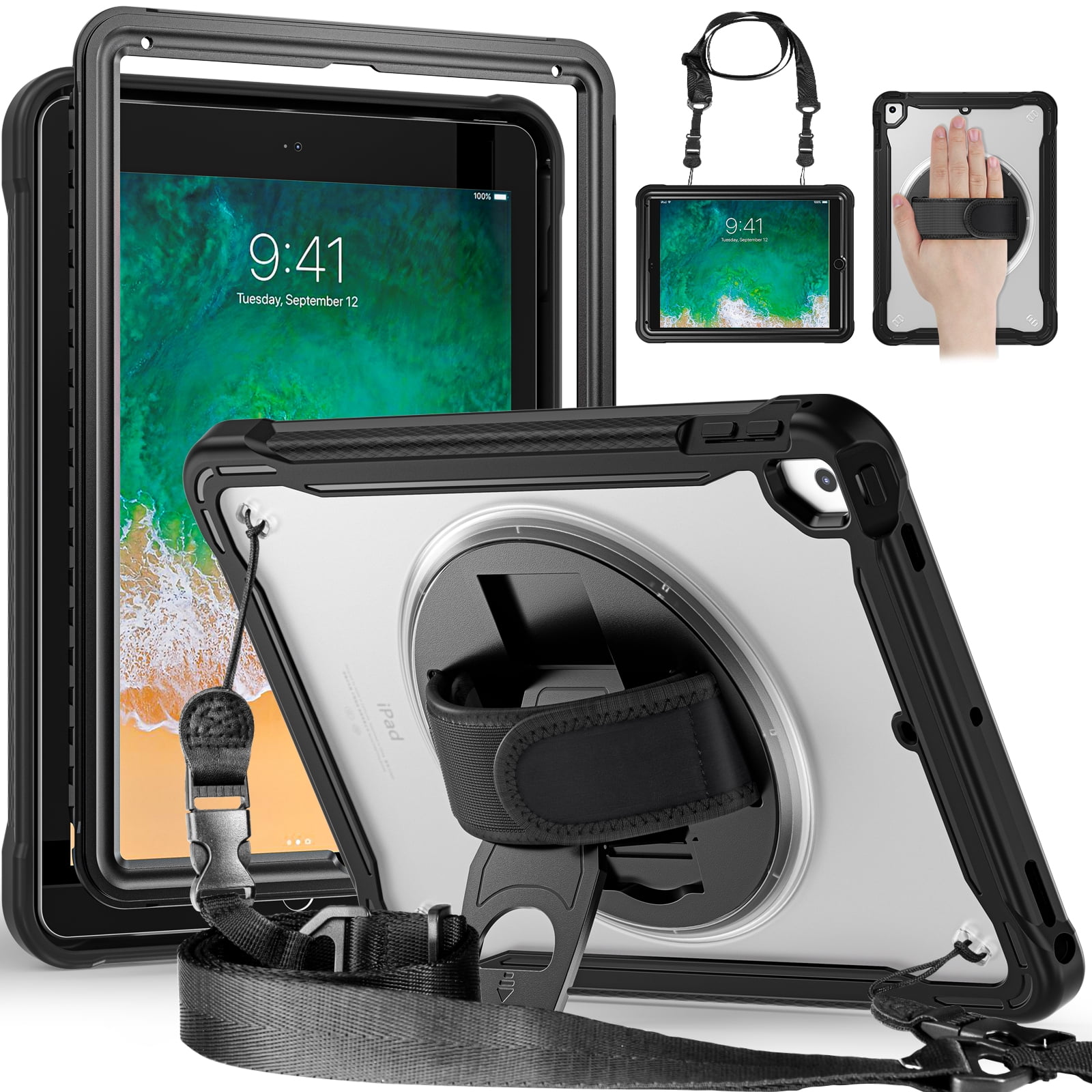 Dteck Case for iPad Air 2/iPad Pro 9.7"/iPad 5th/6th Generation,Military Grade Shockproof Silicone Protective Cover 360° Rotatable Stand- Shoulder Strap- Handle- Pencil Holder,Black