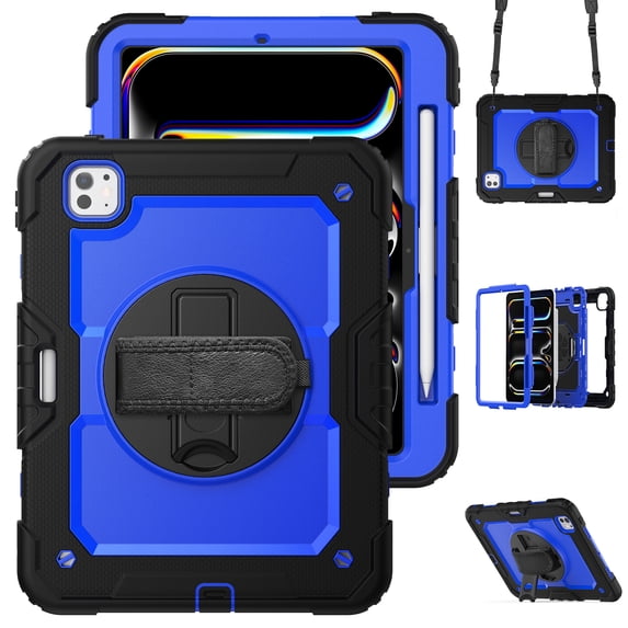 Dteck Case for iPad M4 Pro 11 Case 2024, Shockproof with Screen Protector/Swivel Kickstand/Hand Strap/Pencil Holder Shoulder Strap Rugged Cover,Black+Blue