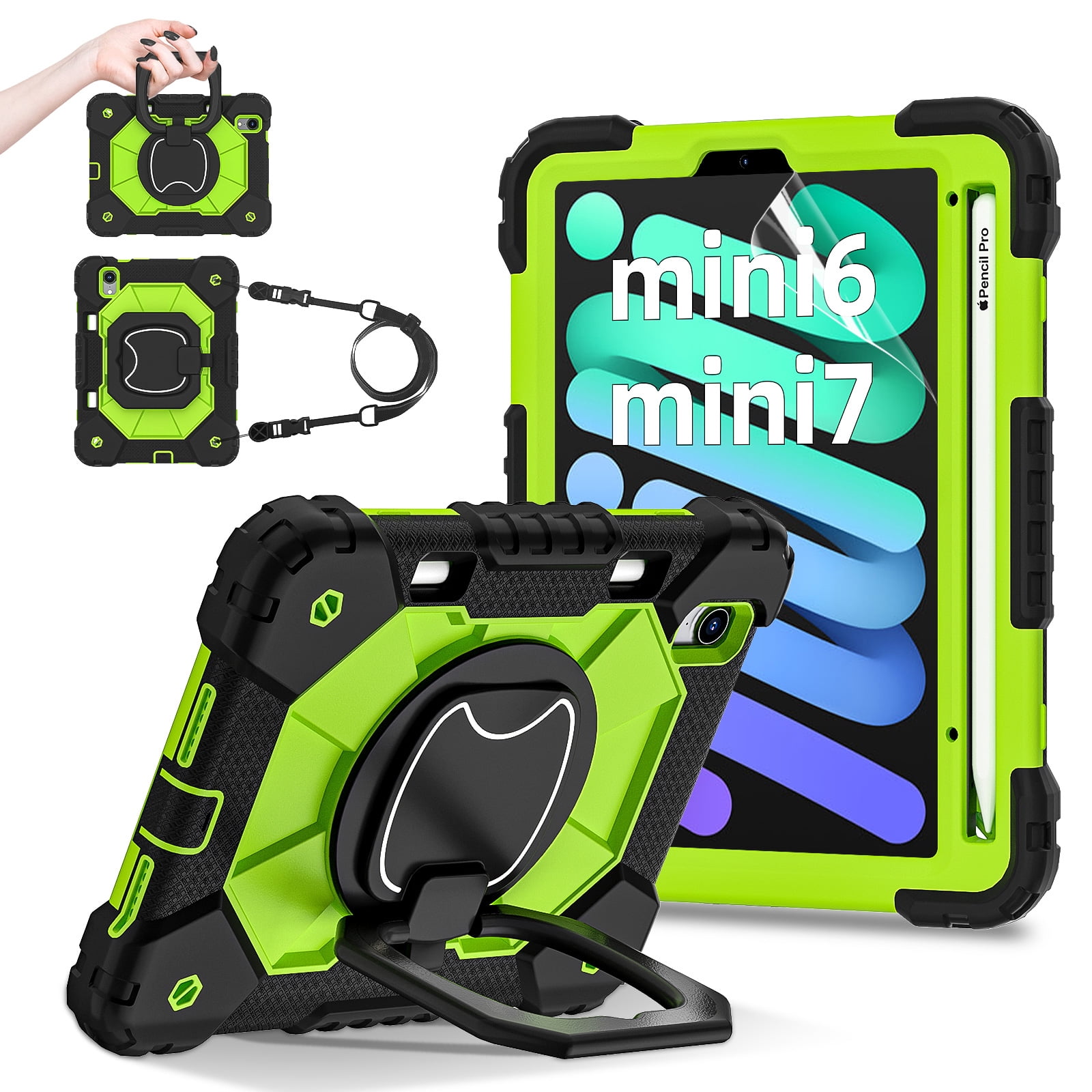 Dteck Case for iPad Mini 7 (A17 Pro) 2024/ Mini 6 8.3" with Screen Protector Soft TPU Film Pencil Holder 360 Rotating Hand Grip Stand,Drop-Proof Case for iPad Mini 7th/6th Generation 8.3",Black Green