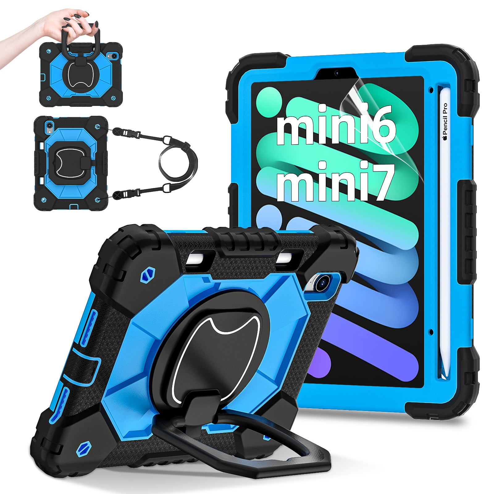 Dteck Case for iPad Mini 7 (A17 Pro) 2024/ Mini 6 8.3" with Screen Protector Soft TPU Film Pencil Holder 360 Rotating Hand Grip Stand,Drop-Proof Case for iPad Mini 7th/6th Generation 8.3",Black Blue