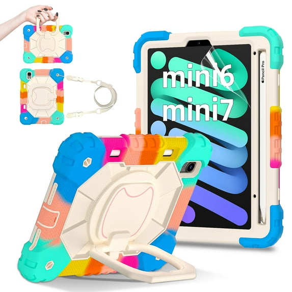 Dteck Case for iPad Mini 7 (A17 Pro) 2024/ Mini 6 8.3" with Screen Protector Soft TPU Film Pencil Holder 360 Rotating Hand Grip Stand,Drop-Proof Case for iPad Mini 7th/6th Generation 8.3",Rainbow