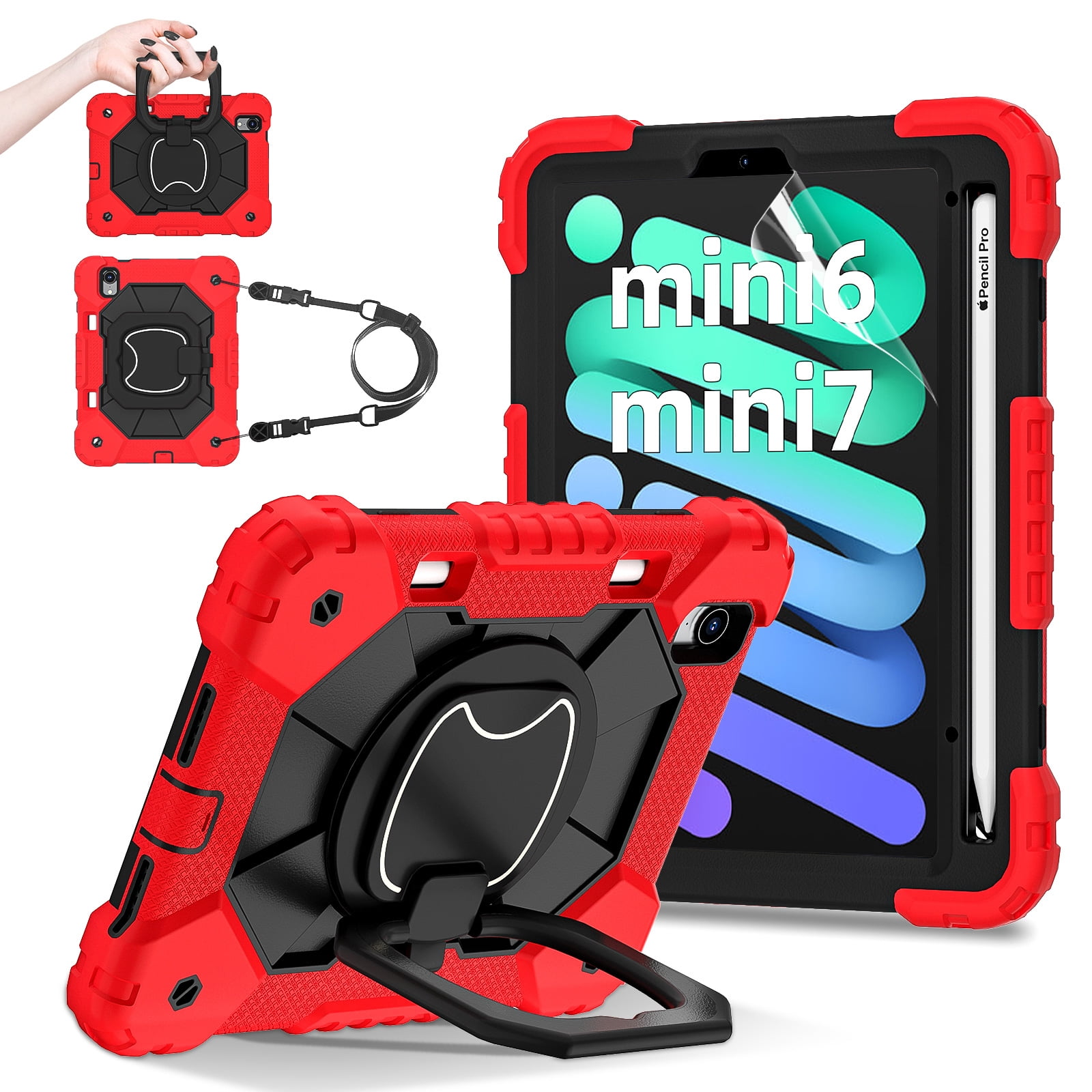 Dteck Case for iPad Mini 7 (A17 Pro) 2024/ Mini 6 8.3" with Screen Protector Soft TPU Film Pencil Holder 360 Rotating Hand Grip Stand,Drop-Proof Case for iPad Mini 7th/6th Generation 8.3",Red Black