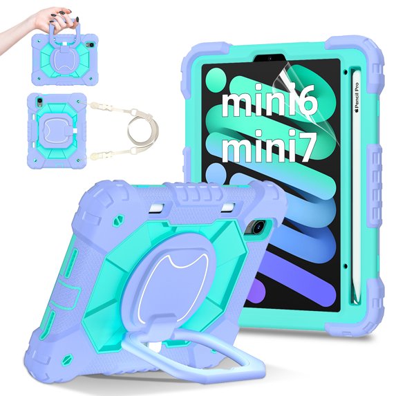 Dteck Case for iPad Mini 7 (A17 Pro) 2024/ Mini 6 8.3" with Screen Protector Soft TPU Film Pencil Holder 360 Rotating Hand Grip Stand,Drop-Proof Case for iPad Mini 7th/6th Generation 8.3",Purple Mint