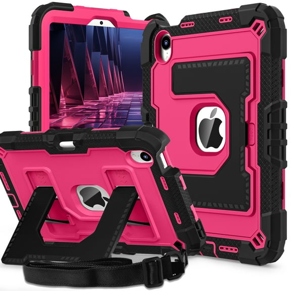 Dteck Case for iPad Mini 7 (A17 Pro) 2024 / Mini 6 2021 8.3 inch,Heavy Duty Kickstand Case with Shoulder Strap Shockproof Rugged Cover Built-in Pencil Holder for Pad Mini 7th/6th Gen 8.3",Black+Rose