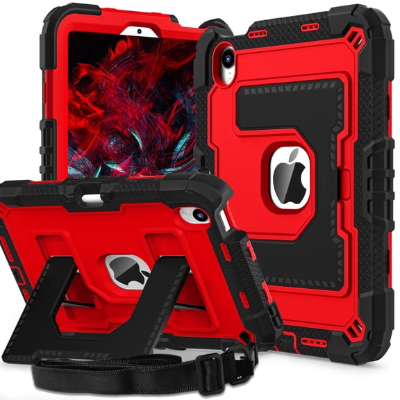 Dteck Case for iPad Mini 7 (A17 Pro) 2024 / Mini 6 2021 8.3 inch,Heavy Duty Kickstand Case with Shoulder Strap Shockproof Rugged Cover Built-in Pencil Holder for Pad Mini 7th/6th Gen 8.3",Black+Red