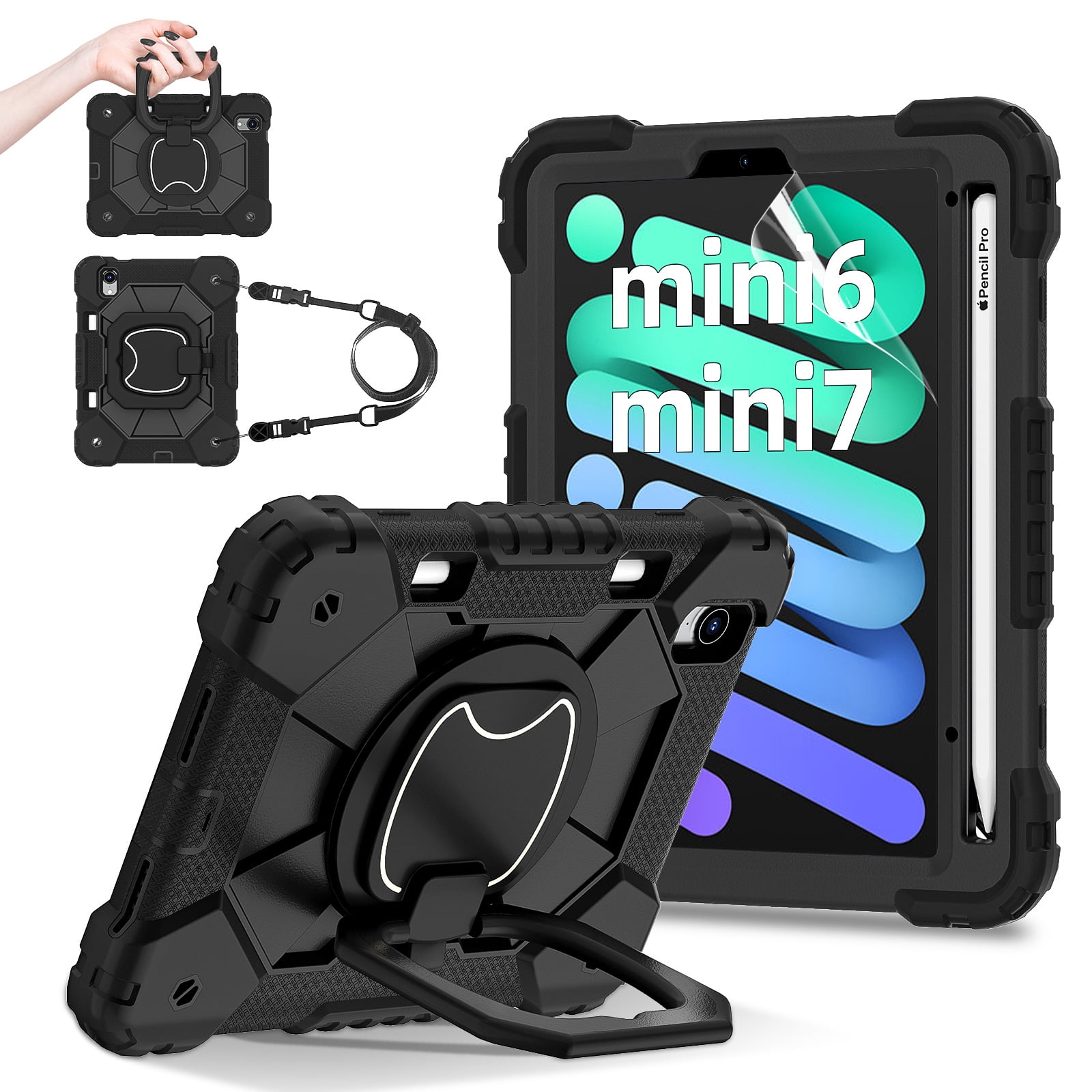 Dteck Case for iPad Mini 7 (A17 Pro) 2024/ Mini 6 8.3" with Screen Protector Soft TPU Film Pencil Holder 360 Rotating Hand Grip Stand,Drop-Proof Case for iPad Mini 7th/6th Generation 8.3",Black