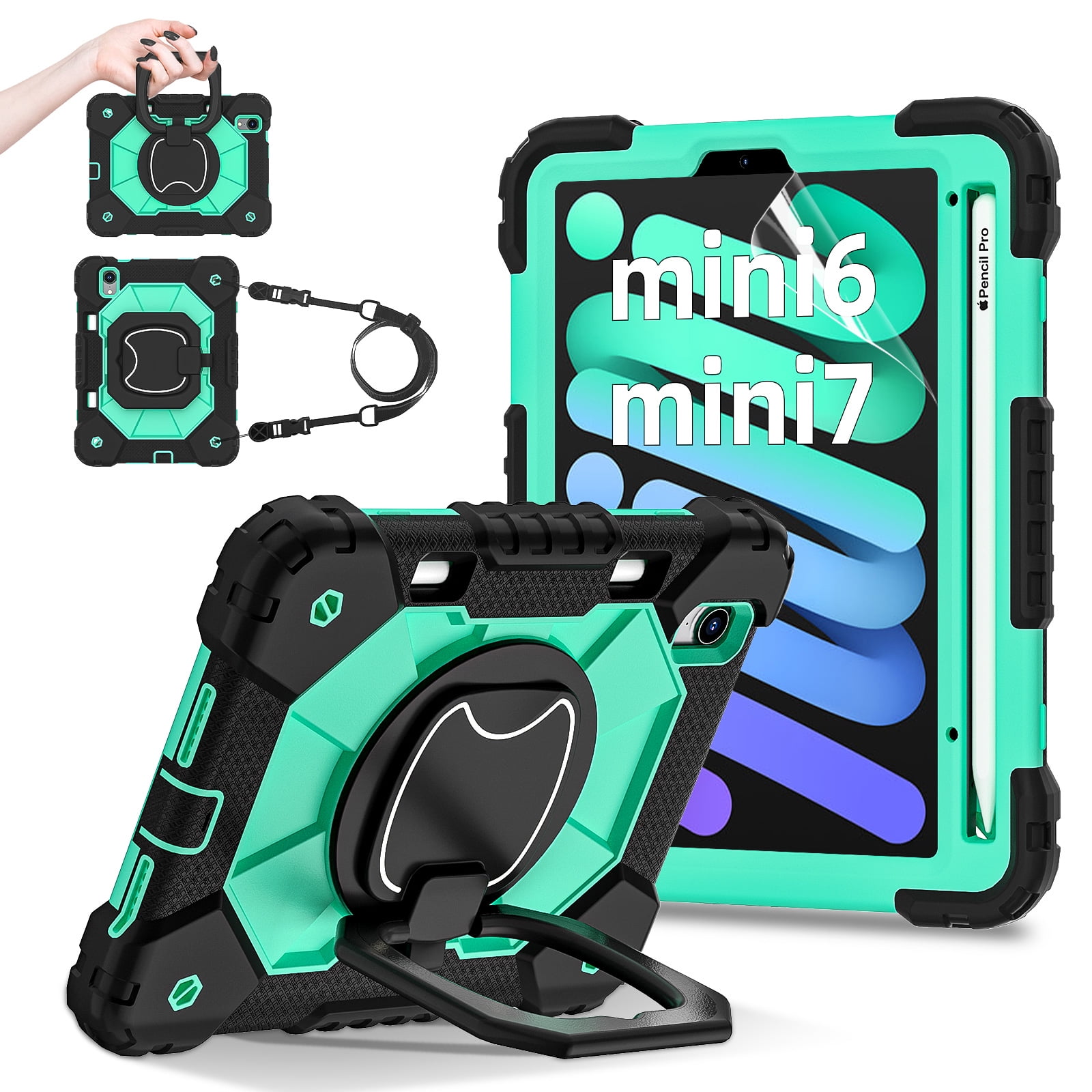 Dteck Case for iPad Mini 7 (A17 Pro) 2024/ Mini 6 8.3" with Screen Protector Soft TPU Film Pencil Holder 360 Rotating Hand Grip Stand,Drop-Proof Case for iPad Mini 7th/6th Generation 8.3",Black Mint