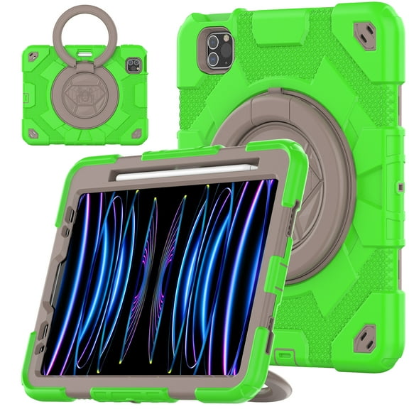 Dteck Case for iPad Pro 11 1st/2nd/3rd/4th Gen/iPad Air 4th/5th Generation,Heavy Duty 3-Layer Protection Case 360 Rotating Handle Grip Stand with Shoulder Strap Kids Friendly Cover,Green