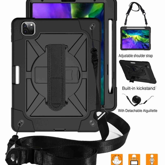 Dteck Case For iPad Pro 11 2nd Gen 2020 & 1st Gen 2018, Heavy Duty Rugged Drop Proof Shockproof Hybrid Armor Case with Stand Pencil Holder Hand Strap Shoulder Strap, Black