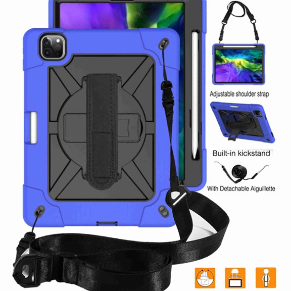 Dteck Case For iPad Pro 11 2nd Gen 2020 & 1st Gen 2018, Heavy Duty Rugged Drop Proof Shockproof Hybrid Armor Case with Stand Pencil Holder Hand Strap Shoulder Strap, Darkblue+Black