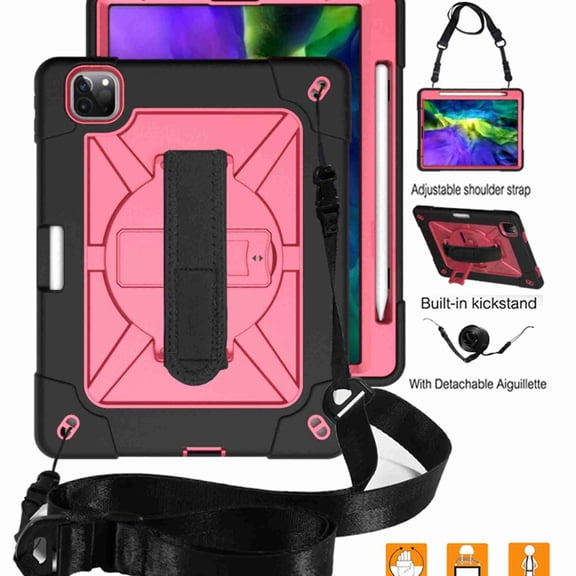 Dteck Case For iPad Pro 11 2nd Gen 2020 & 1st Gen 2018, Heavy Duty Rugged Drop Proof Shockproof Hybrid Armor Case with Stand Pencil Holder Hand Strap Shoulder Strap, Black+Rose