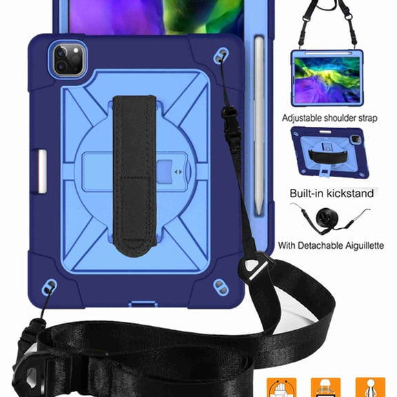 Dteck Case For iPad Pro 11 2nd Gen 2020 & 1st Gen 2018, Heavy Duty Rugged Drop Proof Shockproof Hybrid Armor Case with Stand Pencil Holder Hand Strap Shoulder Strap, Navy+Blue