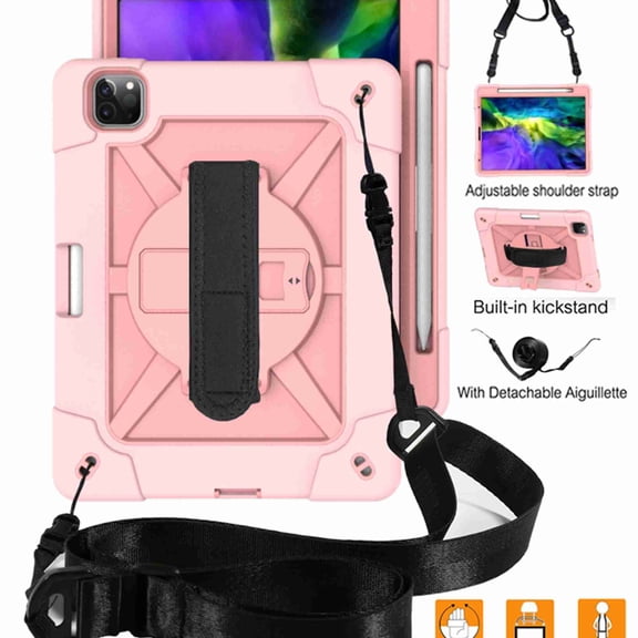 Dteck Case For iPad Pro 11 2nd Gen 2020 & 1st Gen 2018, Heavy Duty Rugged Drop Proof Shockproof Hybrid Armor Case with Stand Pencil Holder Hand Strap Shoulder Strap, Rosegold