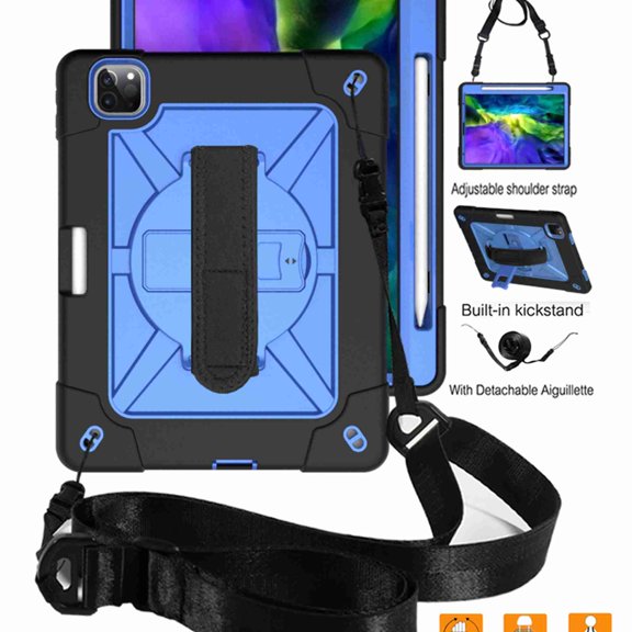 Dteck Case For iPad Pro 11 2nd Gen 2020 & 1st Gen 2018, Heavy Duty Rugged Drop Proof Shockproof Hybrid Armor Case with Stand Pencil Holder Hand Strap Shoulder Strap, Black+Blue
