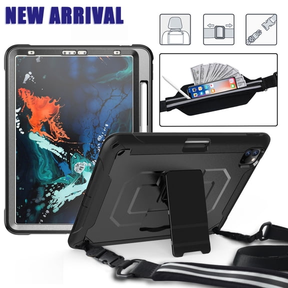 Dteck Case For iPad Pro 11" 2nd Generation (2020 Released) ,Shockproof Rubber Cover Pencel Holder Shoulder Strap Expandable Pouch Hybrid PC Kickstand Case Without Built-in Screen Protector ,Black
