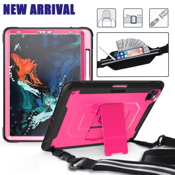 Dteck Case For iPad Pro 11" 2nd Generation (2020 Released) ,Shockproof Rubber Cover Pencel Holder Shoulder Strap Expandable Pouch Hybrid PC Kickstand Case Without Built-in Screen Protector ,Rose