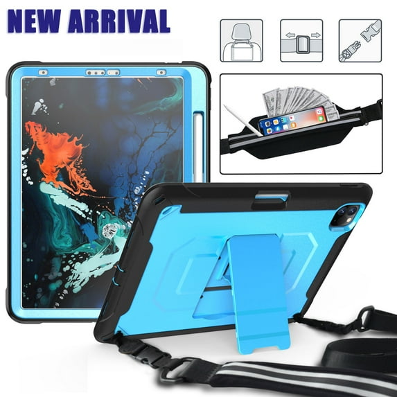Dteck Case For iPad Pro 11" 2nd Generation (2020 Released) ,Shockproof Rubber Cover Pencel Holder Shoulder Strap Expandable Pouch Hybrid PC Kickstand Case Without Built-in Screen Protector ,Blue