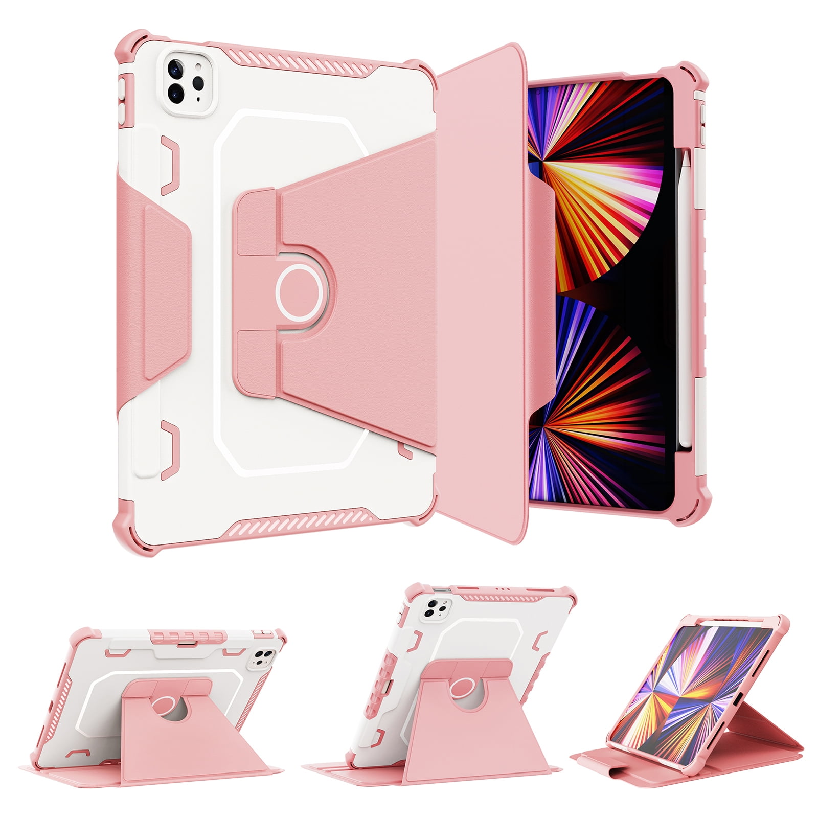 Dteck Case for iPad Pro 11" 4th/3rd/2nd/1st Gen (2022/2021/2020/2018),iPad Air 5th 4th Gen Magnetic Leather Shockproof Rubber Rugged Case Rotatable Kickstand with Pencil Holder Heavy Duty Cover,Pink