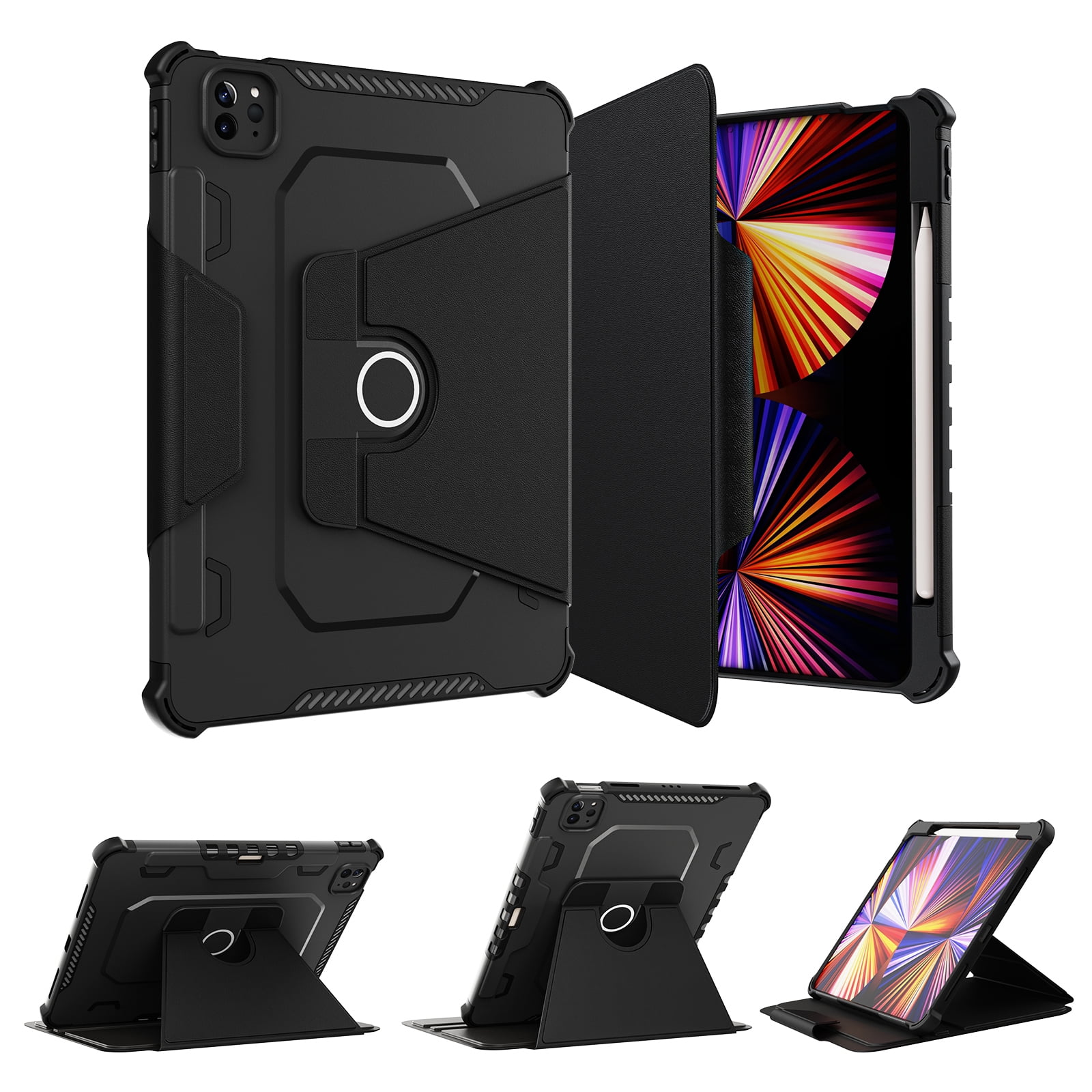Dteck Case for iPad Pro 11" 4th/3rd/2nd/1st Gen (2022/2021/2020/2018),iPad Air 5th 4th Gen Magnetic Leather Shockproof Rubber Rugged Case Rotatable Kickstand with Pencil Holder Heavy Duty Cover,Black