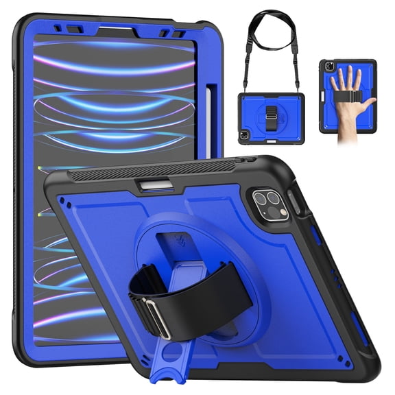 Dteck Case for iPad Pro 11 Inch 2022/2021/2020/2018/iPad Air 5th/4th Generation, Military Grade Shockproof Rugged Case with 360°Rotating Stand, Hand/Shoulder Strap and Pen Holder,Deep Blue