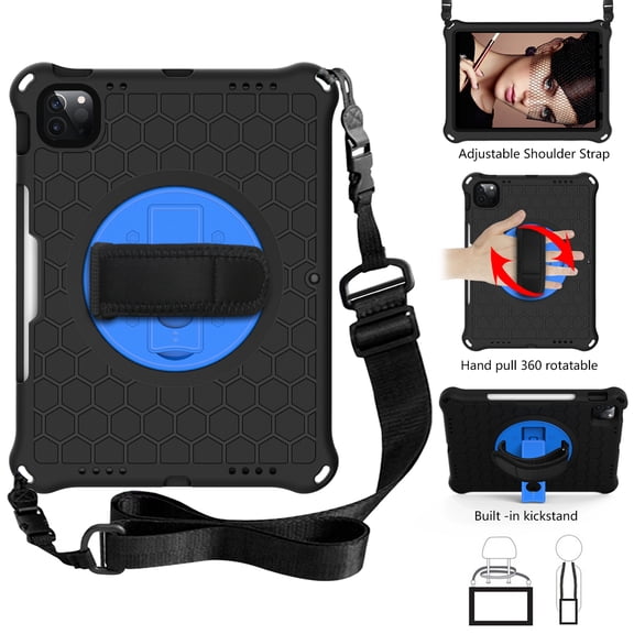 Dteck Case for iPad Pro 11-inch 3rd Generation/Pro 11" 2020/2018,Shockproof EVA Hybrid Hand Pull 360 Rotatable Kickstand Cover for iPad Air 4th Gen 10.9" with Adjustable Shoulder Strap,Black+Blue