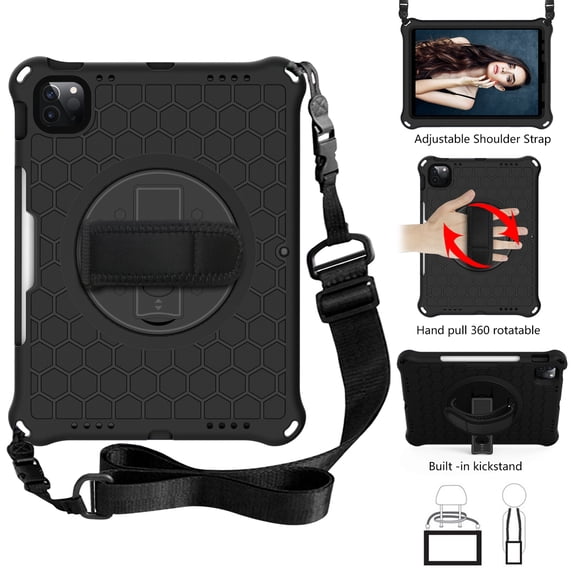 Dteck Case for iPad Pro 11-inch 3rd Generation/Pro 11" 2020/2018,Shockproof EVA Hybrid Hand Pull 360 Rotatable Kickstand Cover for iPad Air 4th Gen 10.9" with Adjustable Shoulder Strap,Black